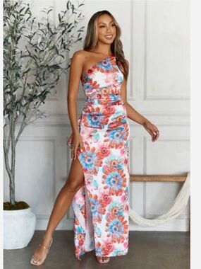 Hello Molly Coral & Blue One-Shoulder Floral Maxi Dress